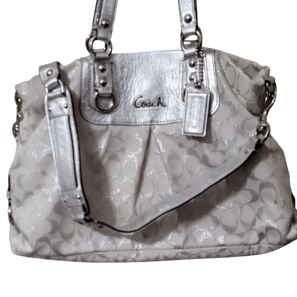 Coach Silver and Cream Shoulder Bag with Signature Monogram